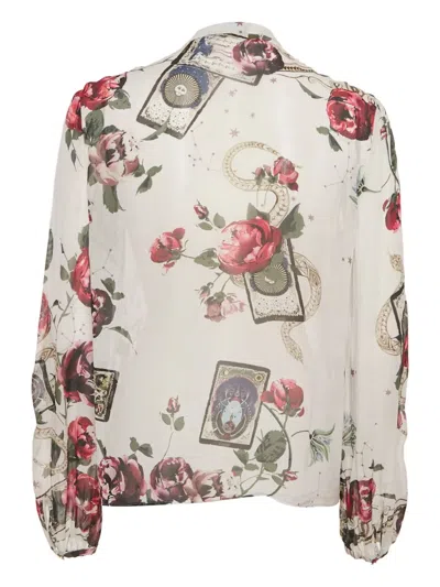Pre-owned Roberto Cavalli Ruffle Floral-print Blouse In White