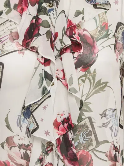 Pre-owned Roberto Cavalli Ruffle Floral-print Blouse In White