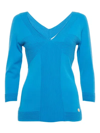 Pre-owned Versace Ribbed V-neck Top In Blue