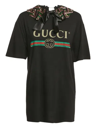 Pre-owned Gucci Embellished-collar Cotton T-shirt In Black