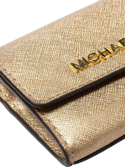 Pre-owned Michael Kors Metallic-finish Leather Card Holder In Gold