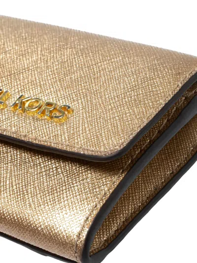Pre-owned Michael Kors Metallic-finish Leather Card Holder In Gold