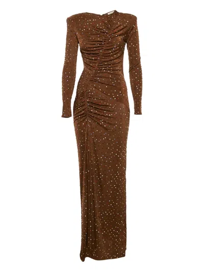 Pre-owned The New Arrivals Ilkyaz Ozel 2020s Rhinestone Ruched Maxi Dress In Brown