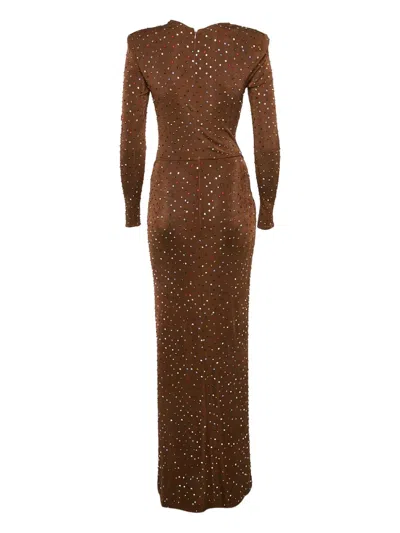 Pre-owned The New Arrivals Ilkyaz Ozel 2020s Rhinestone Ruched Maxi Dress In Brown
