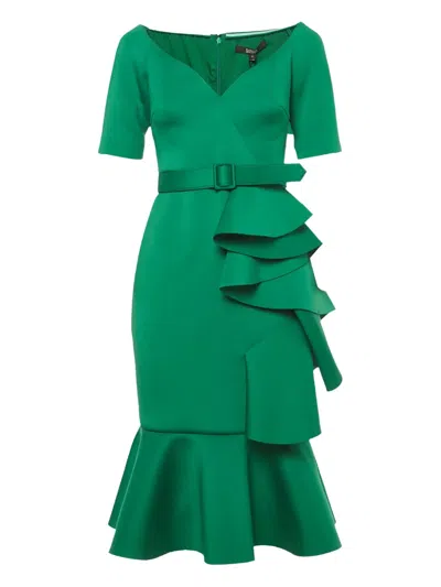 Pre-owned Badgley Mischka Ruffled Midi Dress In Green