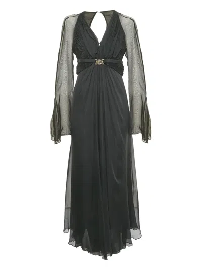 Pre-owned Versace Draped Silk Maxi Dress In Black