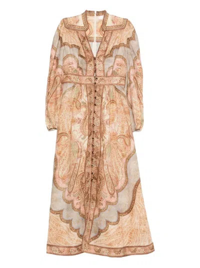 Zimmermann Womens Wanderlust Plunge Linen Midi Dress Tapestry Multi In Neutral