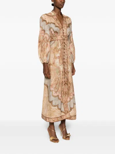 Zimmermann Womens Wanderlust Plunge Linen Midi Dress Tapestry Multi In Neutral