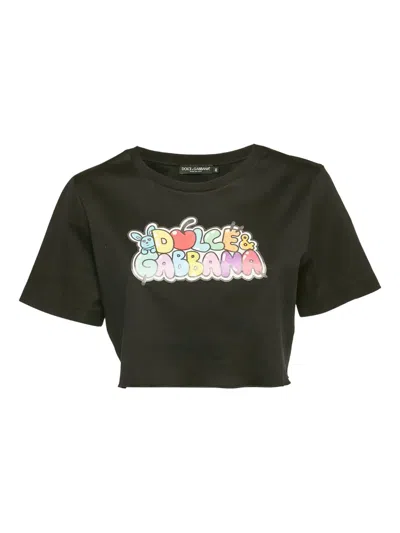 Pre-owned Dolce & Gabbana Logo-print Cotton Cropped T-shirt In Black