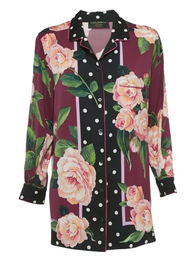 Pre-owned Dolce & Gabbana Rose-print Polka-dot Shirt In Red