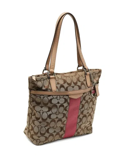 Pre-owned Coach Vintage 2000s Signature-stripe Tote Bag In Brown