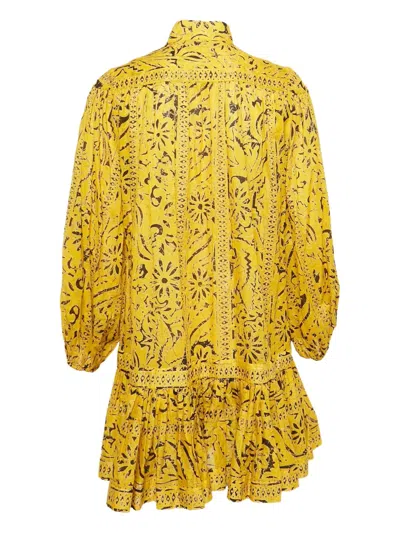Pre-owned Zimmermann Floral-print Button-front Mini Dress In Yellow