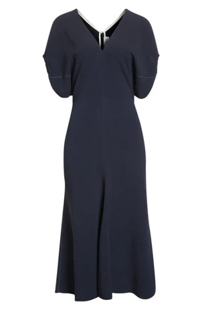 Victoria Beckham Womens Black Blouson-sleeve Fluid-cady Midi Dress In Blue