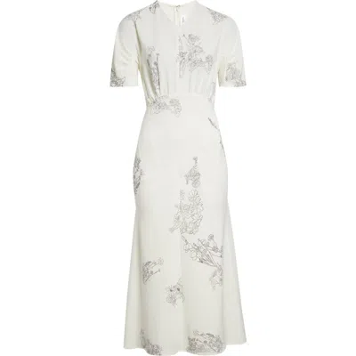 Victoria Beckham Gathered Detail Floral Stretch Cady Midi Dress In White