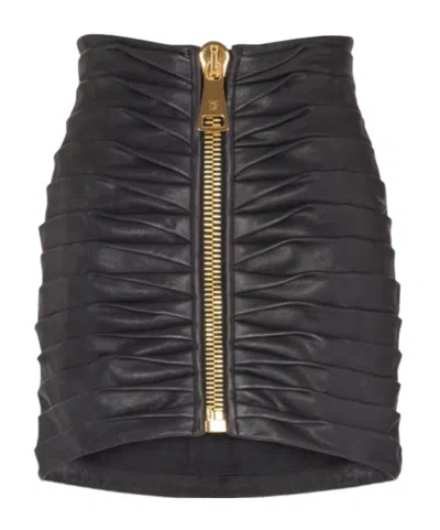 Balmain Pleated Zipper Sheepskin Mini Skirt In Black