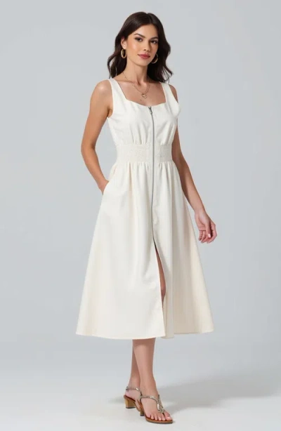 Modenaire Sleeveless Midi Dress With Smocked Waist In White