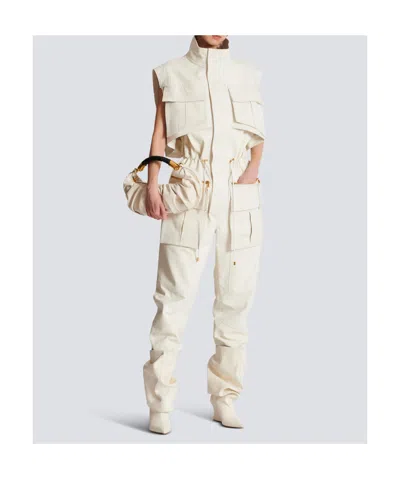 Balmain Sleeveless Lambskin Jumpsuit In White