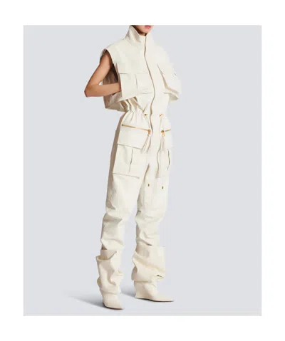 Balmain Sleeveless Lambskin Jumpsuit In White