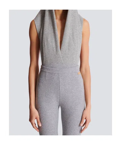 Balmain Draped Bodysuit With Hood In Gray
