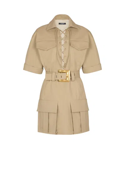 Balmain Belted Cotton-gabardine Mini Dress In Brown