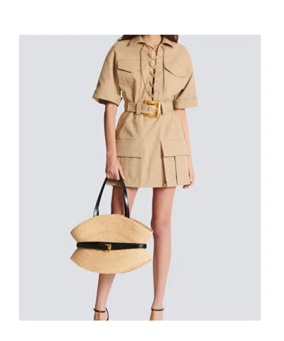 Balmain Belted Cotton-gabardine Mini Dress In Brown