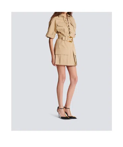 Balmain Belted Cotton-gabardine Mini Dress In Brown