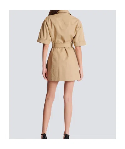 Balmain Belted Cotton-gabardine Mini Dress In Brown
