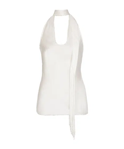 Balmain Backless Fringed Satin Top In White