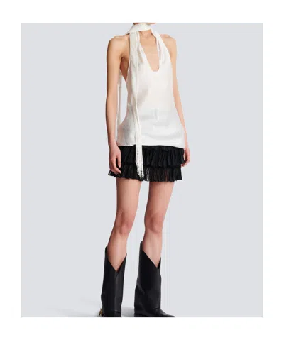 Balmain Backless Fringed Satin Top In White