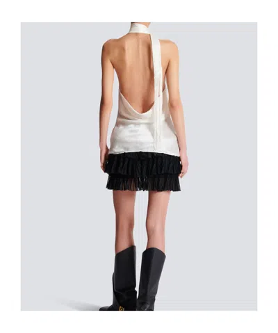 Balmain Backless Fringed Satin Top In White