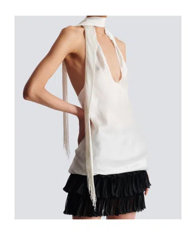 Balmain Backless Fringed Satin Top In White