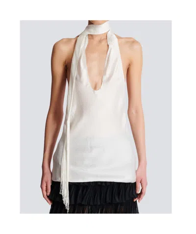 Balmain Backless Fringed Satin Top In White