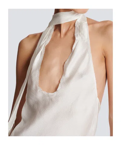 Balmain Backless Fringed Satin Top In White