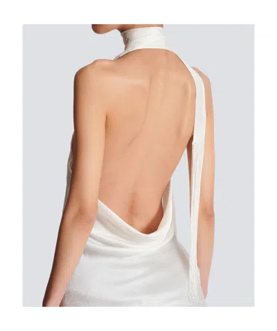 Balmain Backless Fringed Satin Top In White