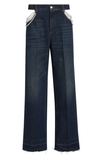 Stella Mccartney Faux Pearl Embellished Cutout Release Hem Straight Leg Jeans In Blue