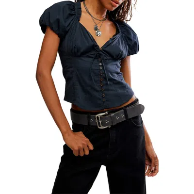 Free People Summer Pleated Puff Sleeve Blouse In Blue