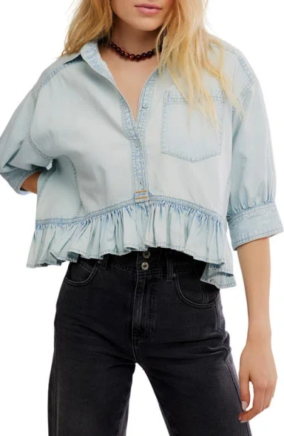 Free People Bailey Denim Crop Peplum Top In Blue