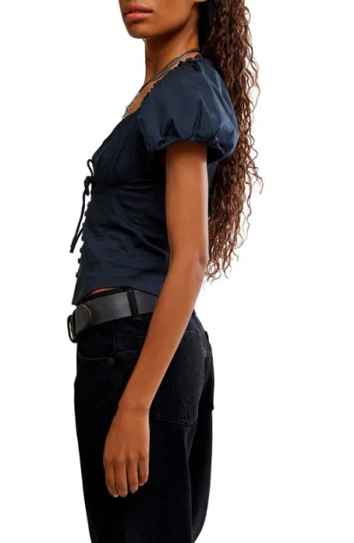 Free People Summer Pleated Puff Sleeve Blouse In Blue