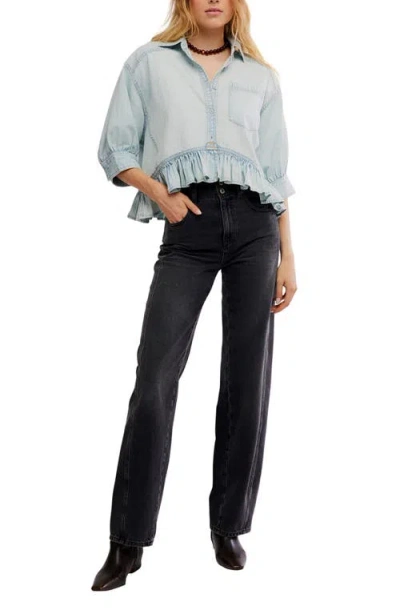 Free People Bailey Denim Crop Peplum Top In Blue