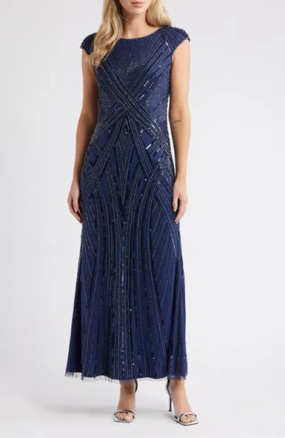 Pisarro Nights Embellished Cap Sleeve Gown In Blue