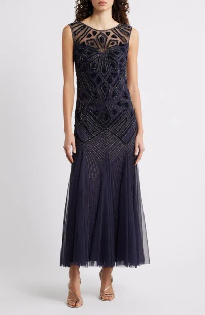 Pisarro Nights Geometric Beaded Sleeveless Gown In Blue