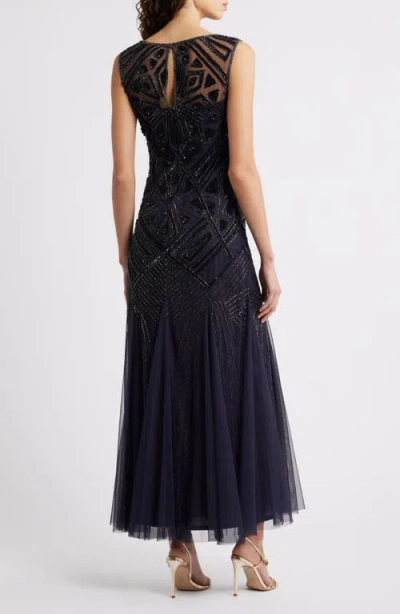Pisarro Nights Geometric Beaded Sleeveless Gown In Blue