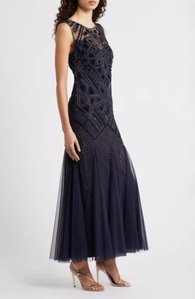 Pisarro Nights Geometric Beaded Sleeveless Gown In Blue