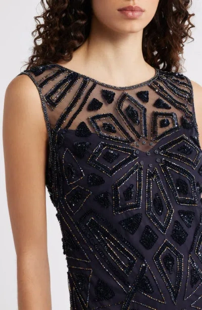 Pisarro Nights Geometric Beaded Sleeveless Gown In Blue