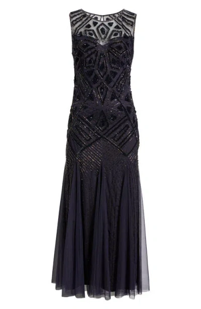 Pisarro Nights Geometric Beaded Sleeveless Gown In Blue