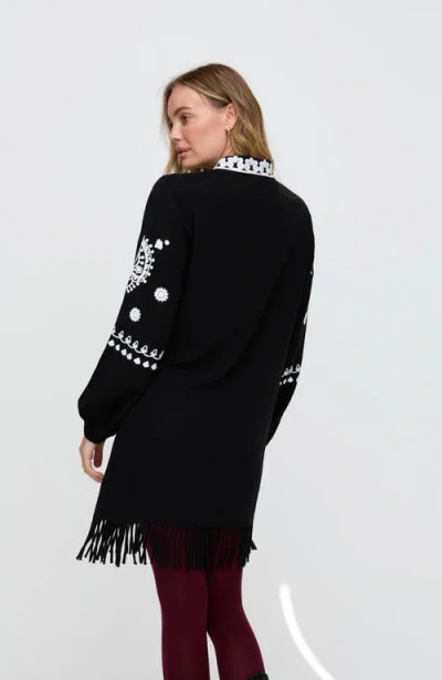 Raffya Katie Fringe Embroidered Mini Dress In Black