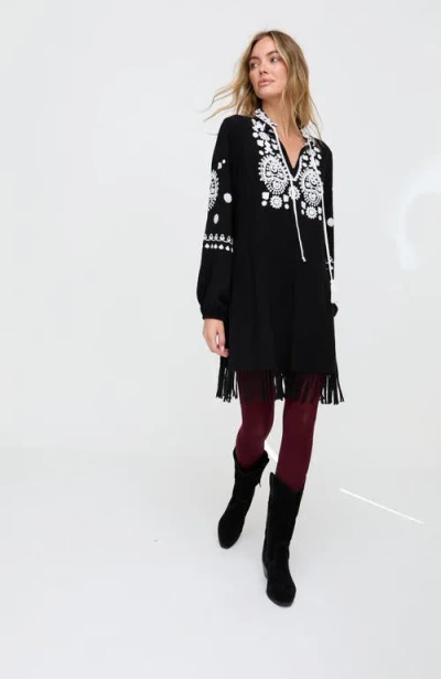 Raffya Katie Fringe Embroidered Mini Dress In Black