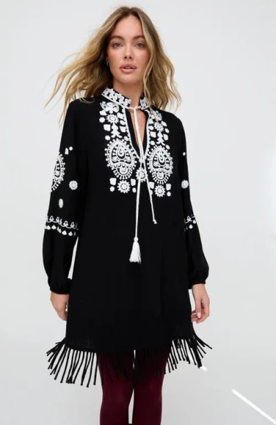 Raffya Katie Fringe Embroidered Mini Dress In Black