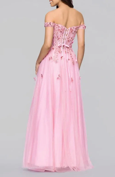 Blondie Nites Off The Shoulder Sequin 3d Embellished Tulle Gown In Pink
