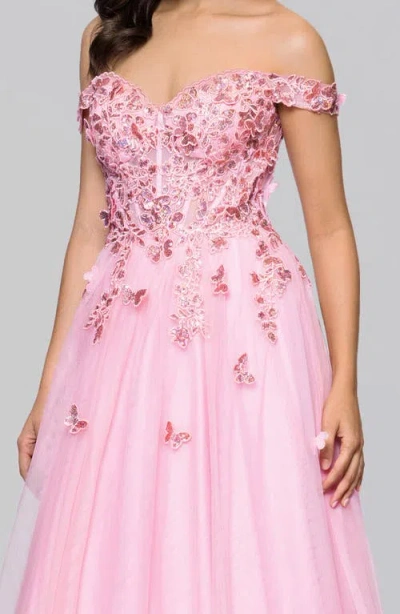 Blondie Nites Off The Shoulder Sequin 3d Embellished Tulle Gown In Pink
